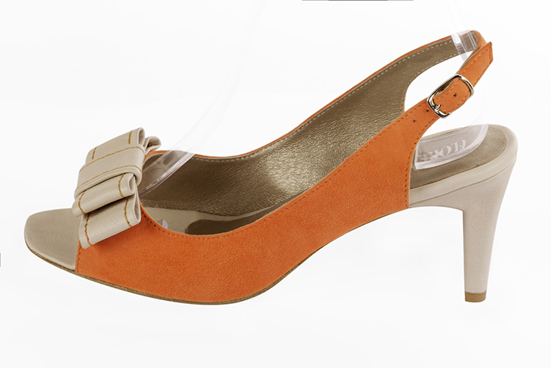 Apricot orange and champagne white women's slingback sandals. Square toe. Medium comma heels. Profile view - Florence KOOIJMAN